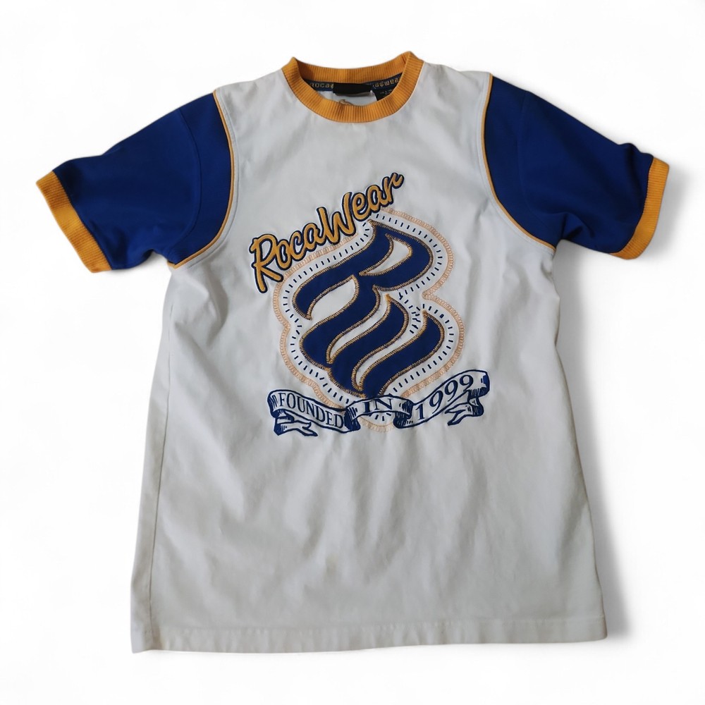 Vtg Rocawear White Blue Yellow Heavy T-Shirt Youth Large (14/16) Y2K Hip Hop EUC