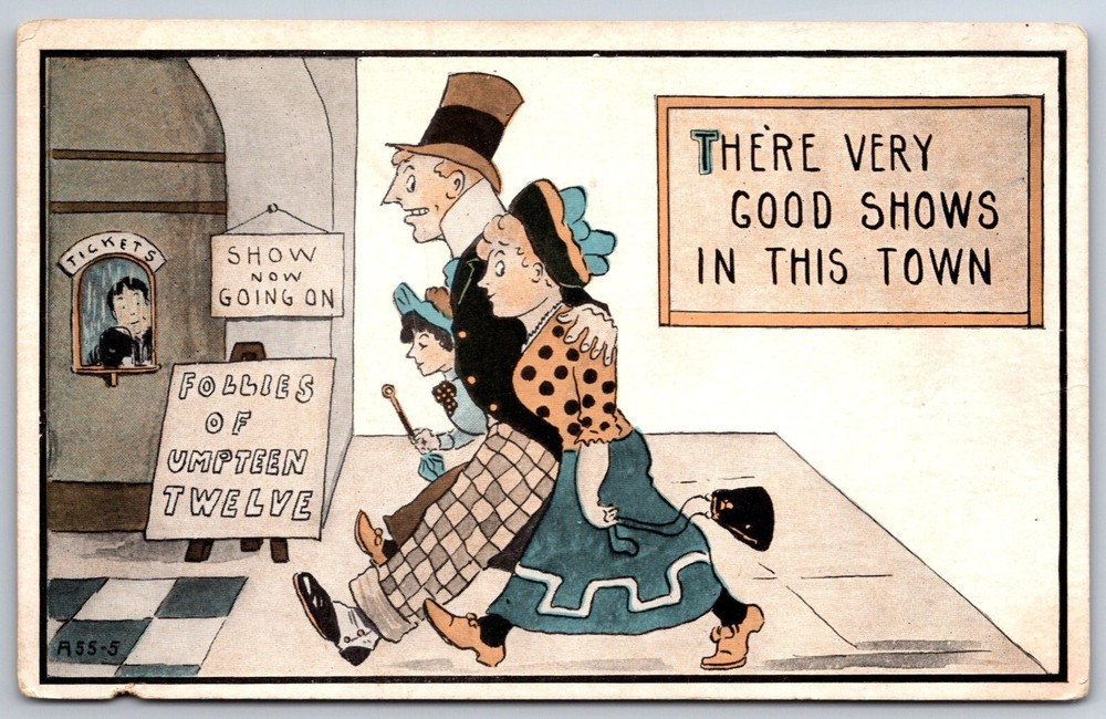 Comic~Very Good Shows In This Town~Family Walking Into Theater~Vintage Postcard