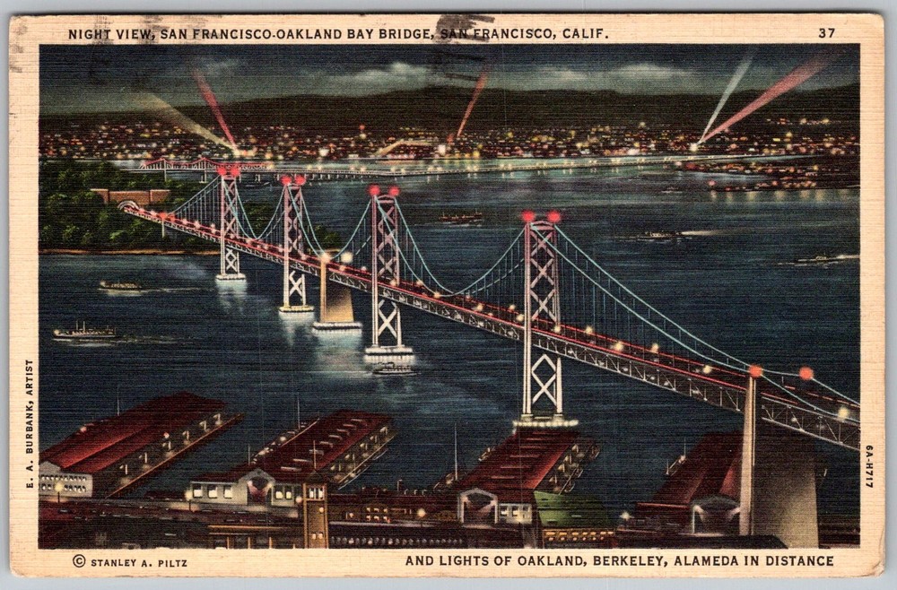 Vtg Linen Postcard Bay Bridge Night View San Francisco, CA 1930s