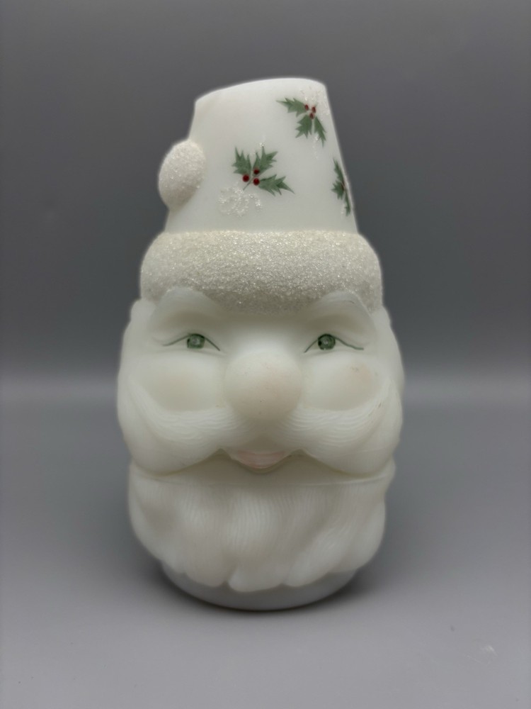 Fenton White Satin Hand Painted Glass Santa Fairy Lamp - Holly - Signed
