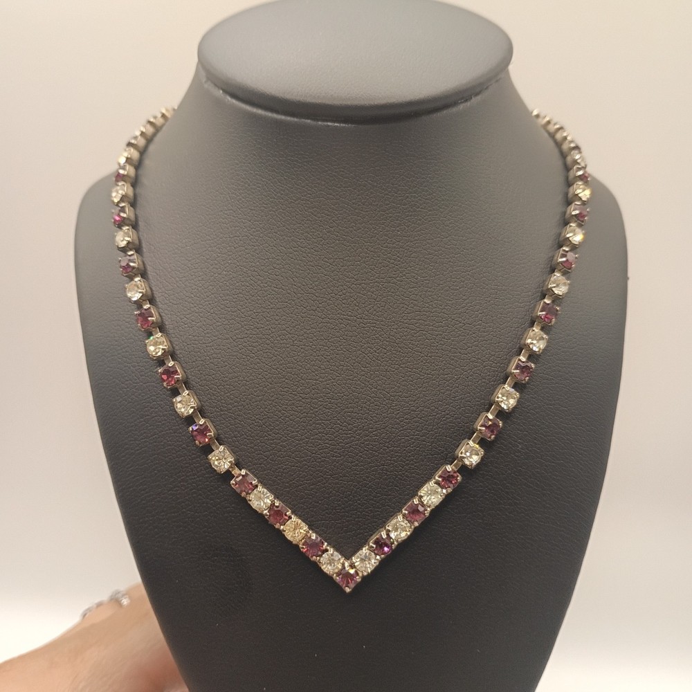 Vintage Purple & Clear Rhinestone Necklace Silver Tone Bridal Prom 15