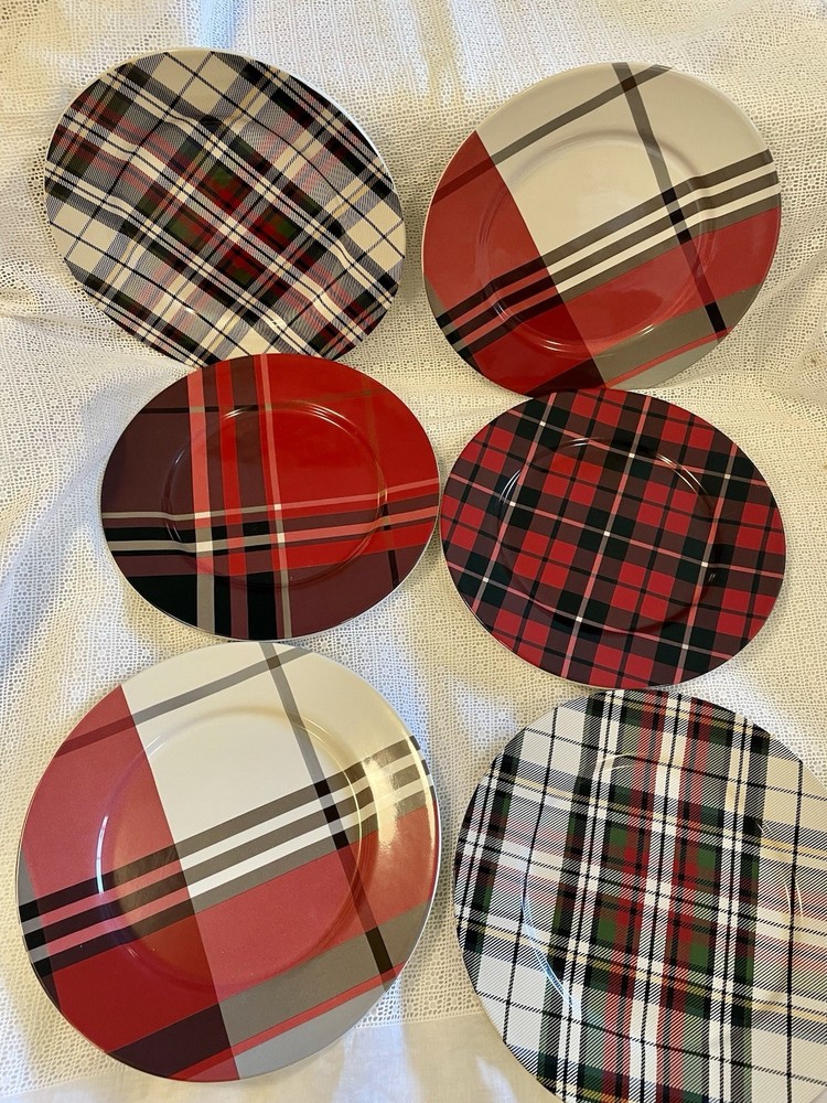Pottery Barn Set 6 Plaid Tartan Salad Dessert Plates 8.75in Ceramic