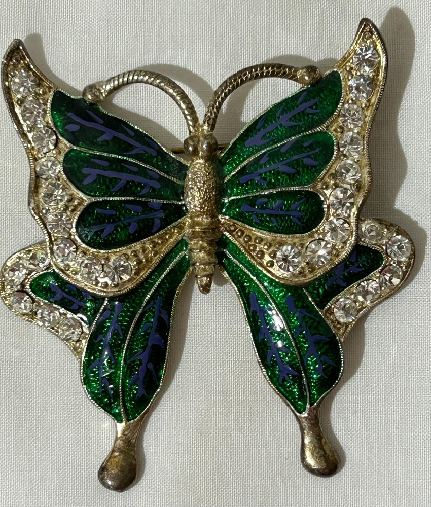 Vtg Inlaid Enamel Large Butterfly Brooch Blue Green Pin Rhinestones Pot Metal