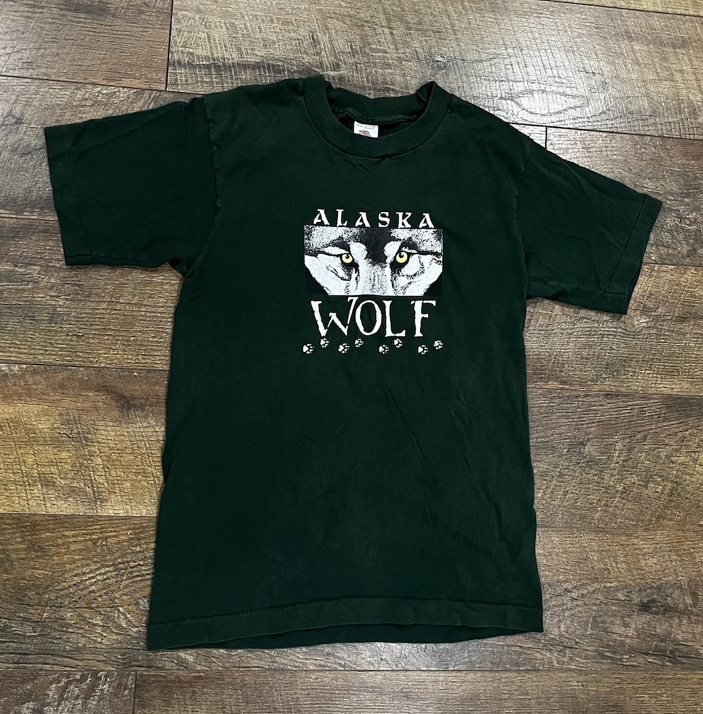 Vintage 90s Alaska Wolf Graphic Tee Single Stitch Shirt Green Youth Large USA