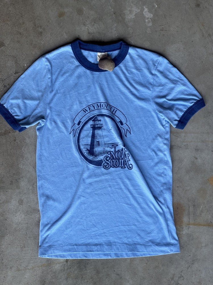 Vintage 70s 80s Weymouth Nova Scotia Lighthouse Ringer T-Shirt Blue JANI Canada