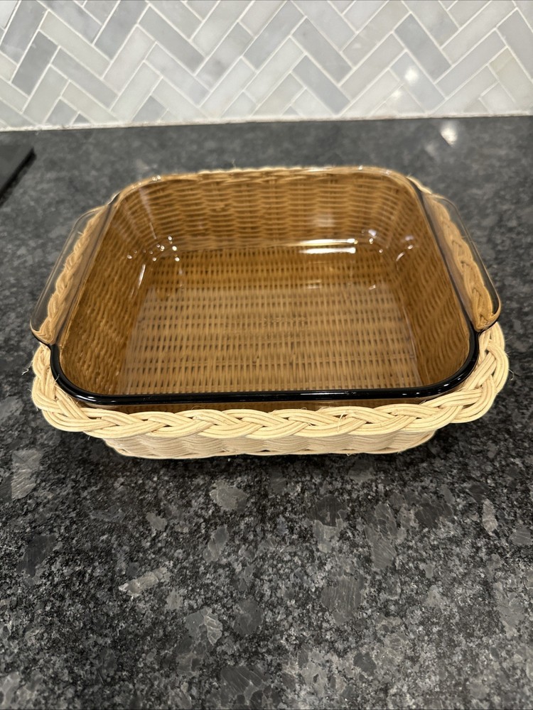 Pyrex Vintage Glass Rectangle Baking Dish #222 Amber Brown, 2 Quart With Basket