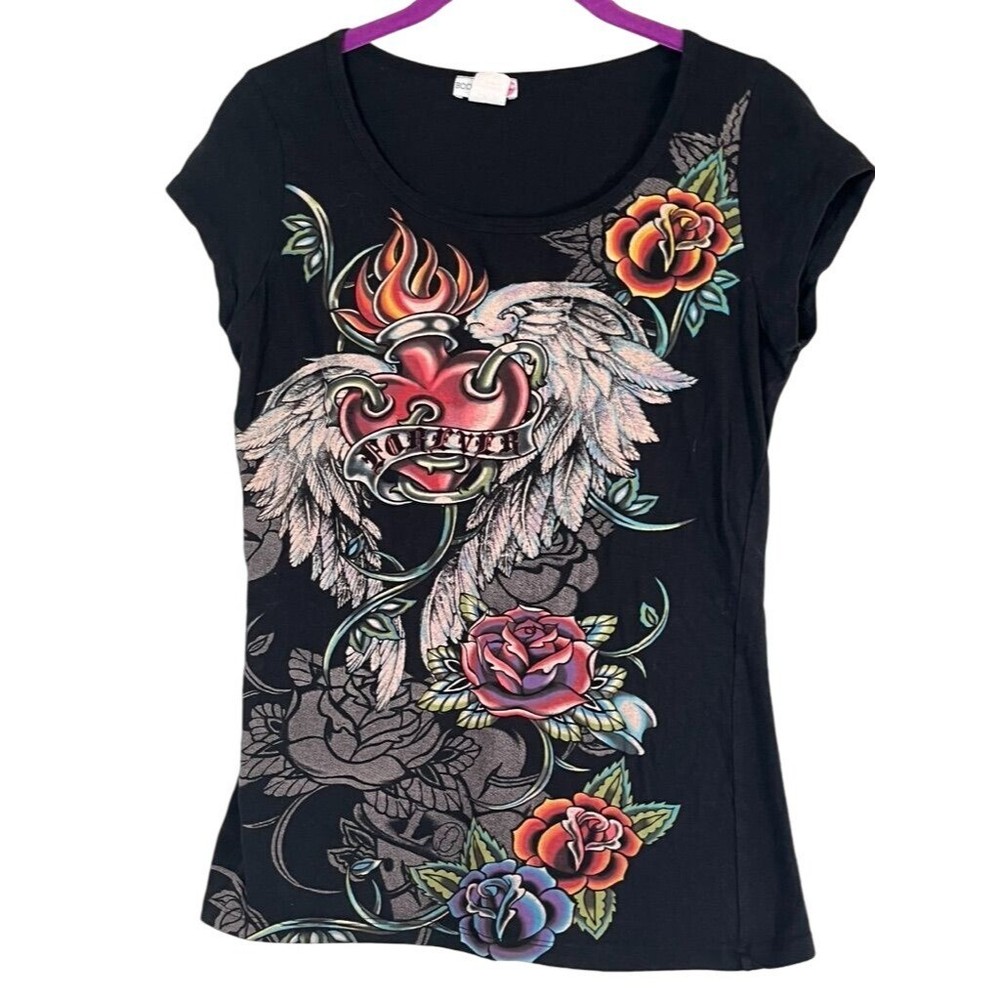 Body Central Top Women L Black Y2K Floral Graphic Biker Wings Retro Knit Vampire