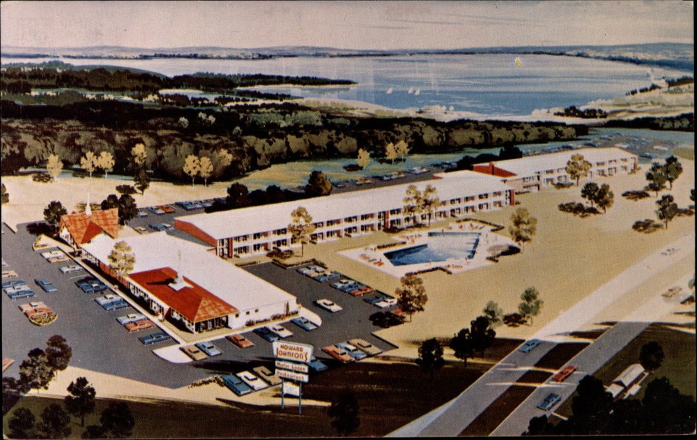 Howard Johnson Motor Lodge Lake Ozark Missouri  artist rendering aerial postcard