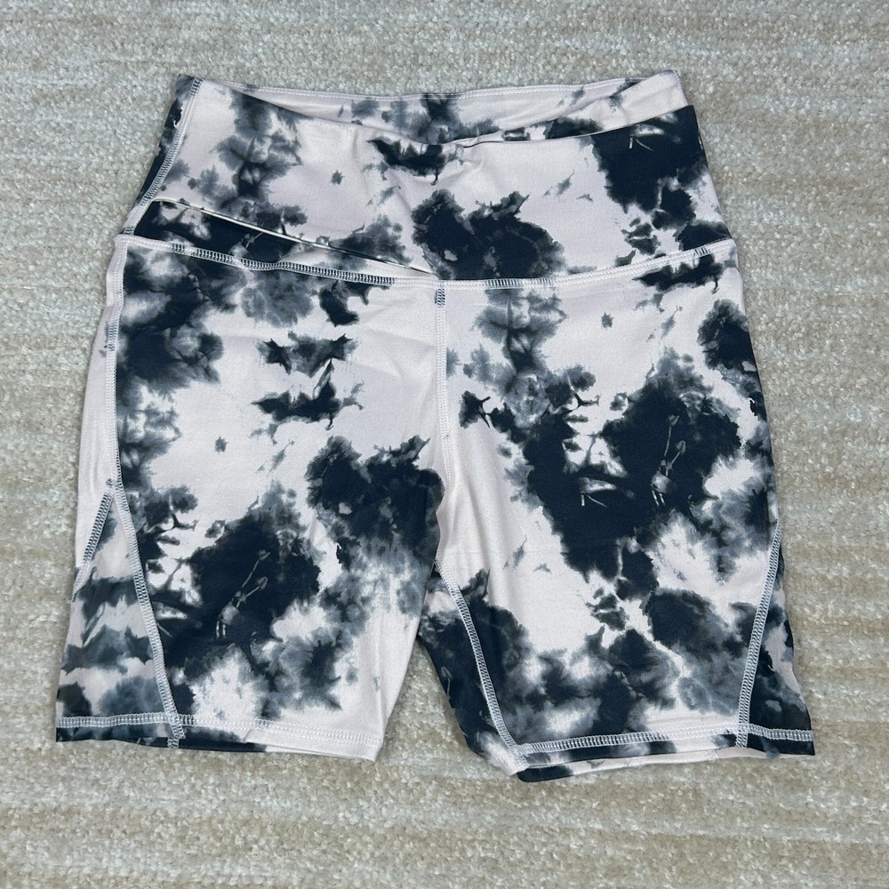 Max Studio Performance Biker Shorts Women's Small Black White Tie Dye Polyester
