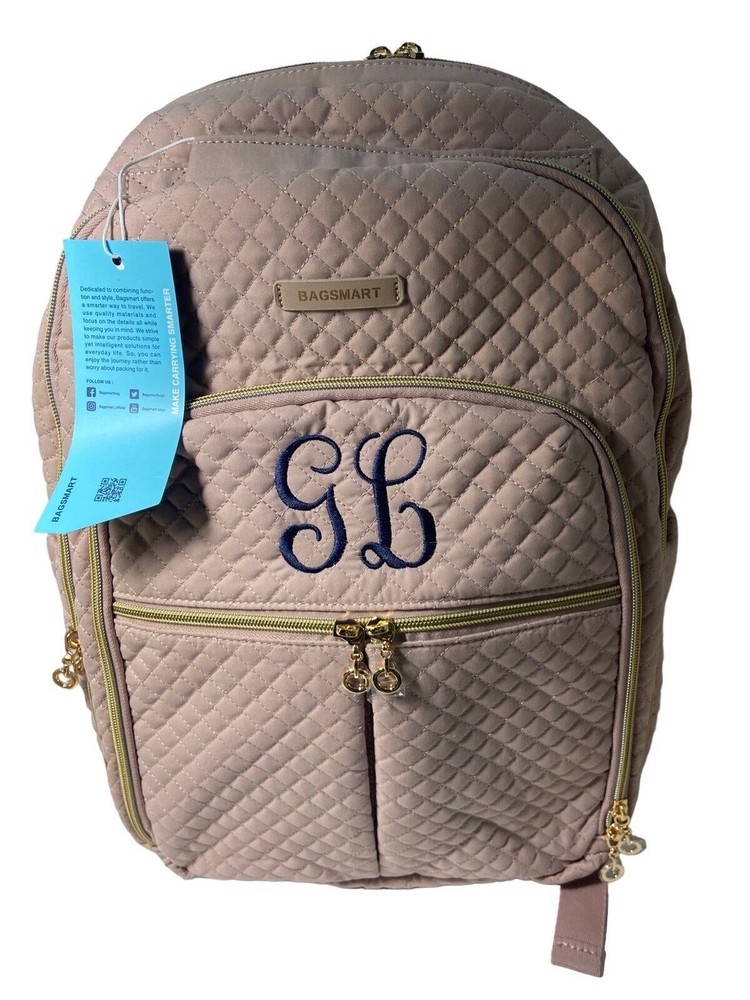 Bagsmart 3 Compartment Pink Backpack Quilted Initials Large Roomy Padded EUC