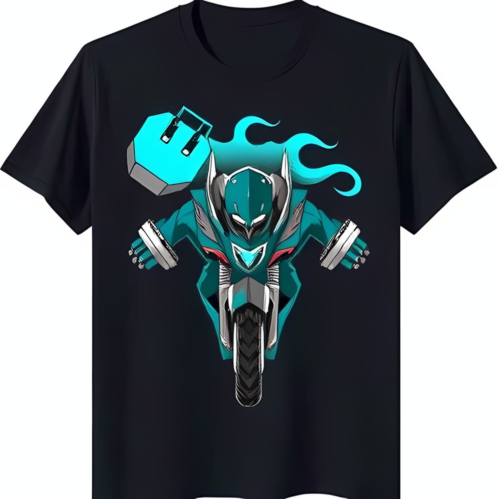 Men's Black T-Shirt with Blue & Green Motorcycle Graphic and Rider Cool Teal