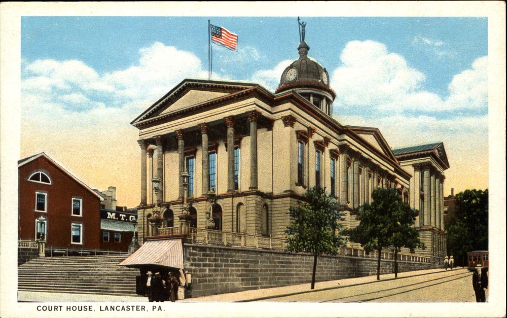 Court House ~ Lancaster Pennsylvania ~ streetcar trolley ~ newsstand? ~ 1920s