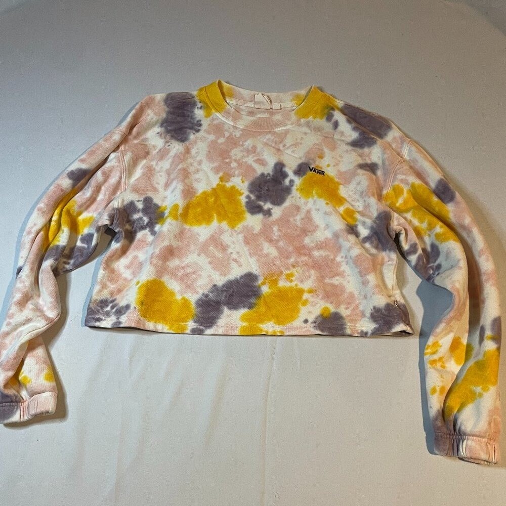 Vans Sweatshirt Womens Small Pink Tie Dye Crew Neck Pullover Cropped Long Sleeve