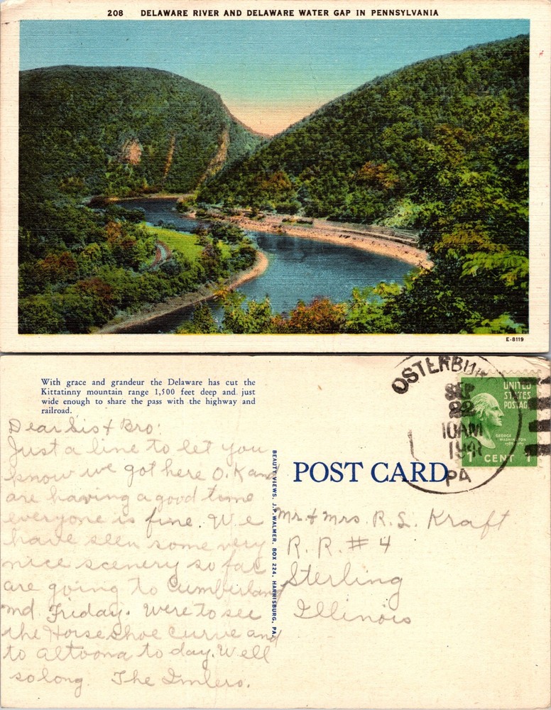 Delaware River and Water Gap Kittatinny Mountains Pennsylvania PA Postcard