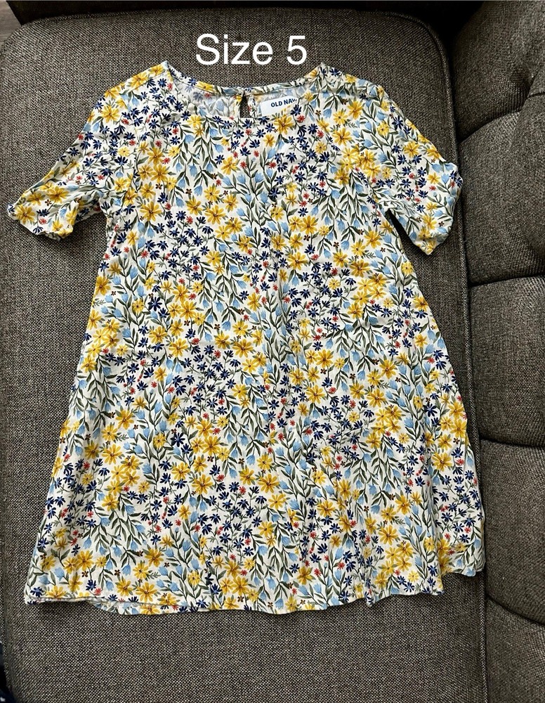 Old Navy Girls Size 5 Floral A-Line Dress Short Sleeve Yellow Blue White