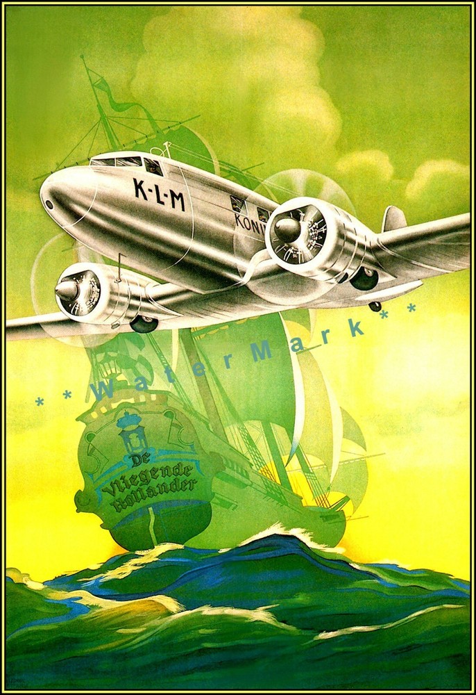 Vintage 1930 KLM DC-3 Flying Dutchman Retro Air Travel Poster Print