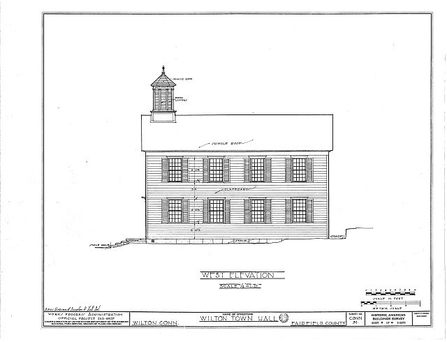 Wilton Town Hall Wilton Connecticut 1900s HABS west elevation drawing