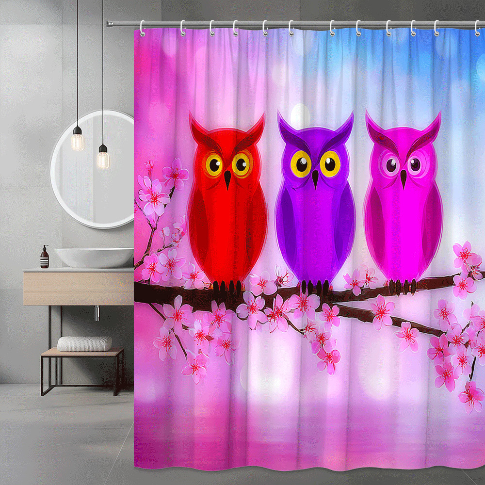 Owl Shower Curtain Pink Blue Cherry Blossom Print