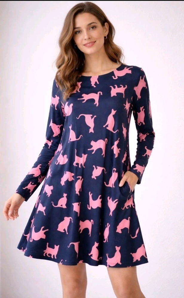 Yelete Navy Blue Pink Women's L Large Stretch Dress Cat Print Pockets