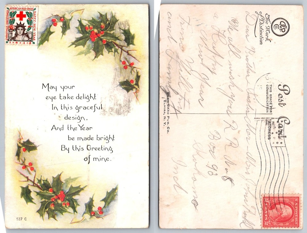 Vintage 1908 Red Cross Christmas New Year Holly Postcard Owen Card Elmira NY
