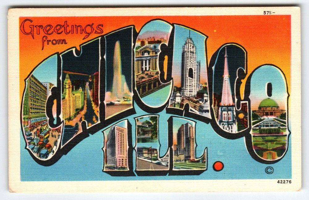 Greetings From Chicago Illinois 1940's Postcard Large Letter Linen Metropolitan