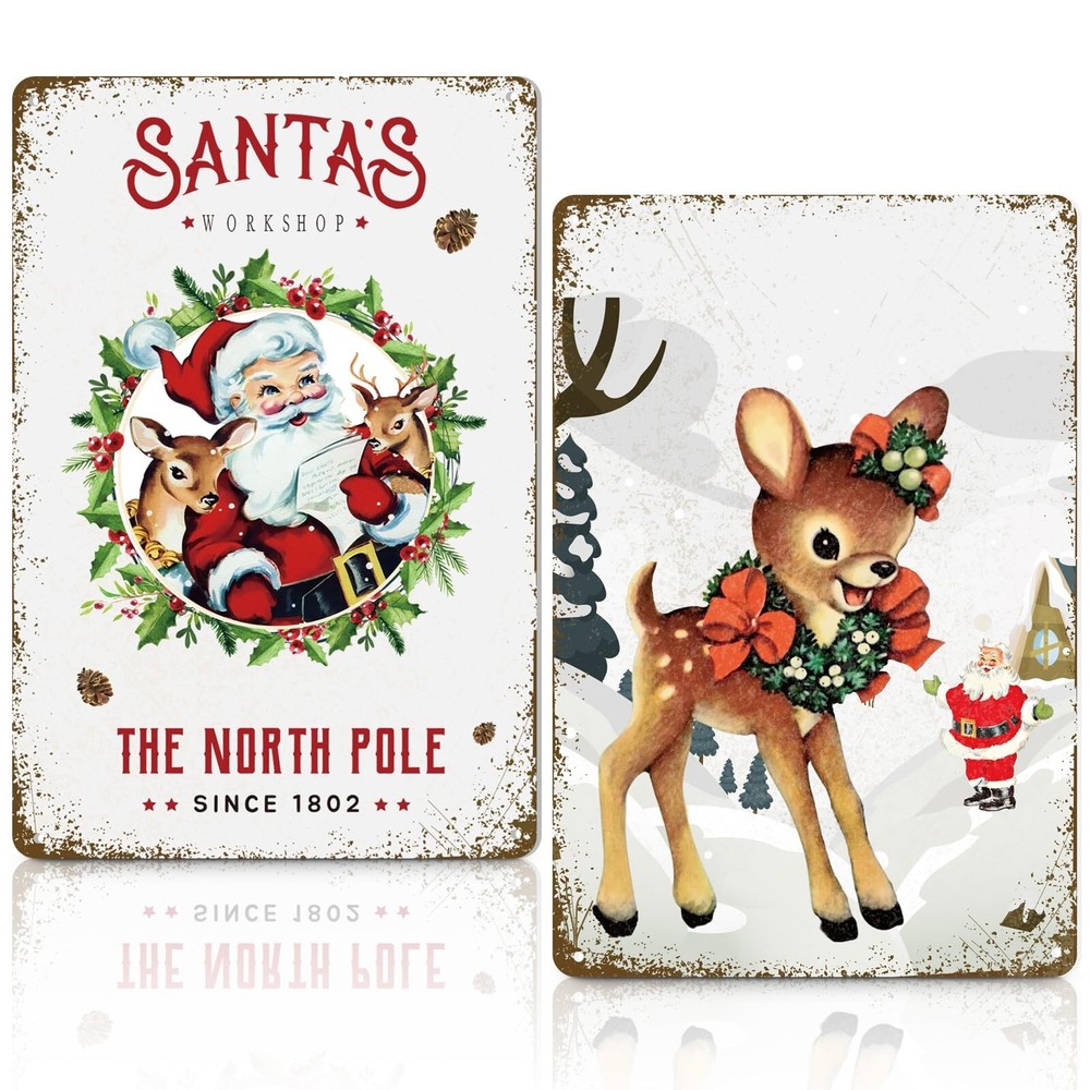 2Pcs Vintage Christmas Decor Santa's Workshop Reindeer Metal Signs Plaque Ret...