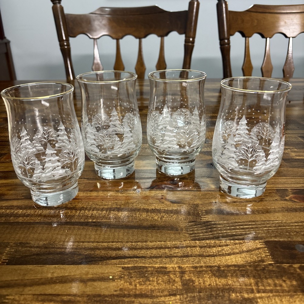 Set of 4 Vintage Libbey Arby’s Winter Snow Scene Glasses Etched Trees Gold Trim