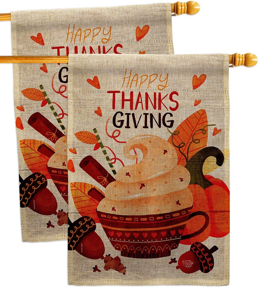 Thanksgiving Burlap House Flag Set – 2 Fall Decor Turkey Gobble Pumpkins  