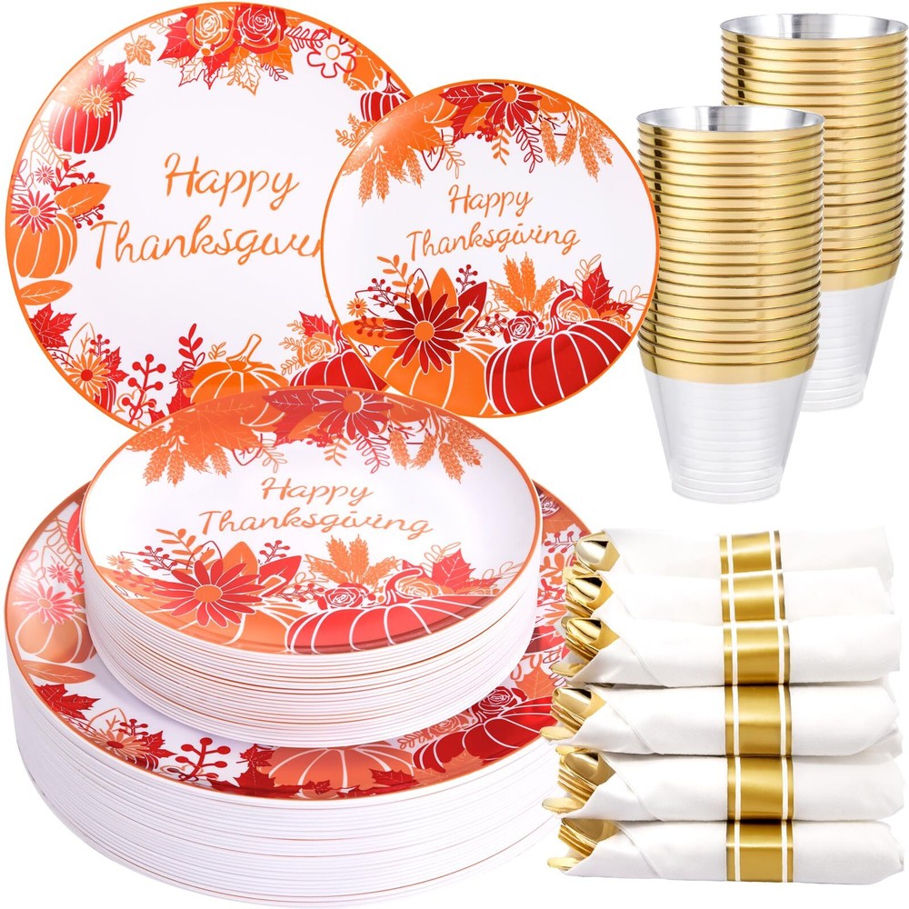 210-Piece Thanksgiving Tableware Set – Disposable Autumn-Themed Dinner Plates, Bowls, and Utensils for Festive Gatherings and Holiday Feasts