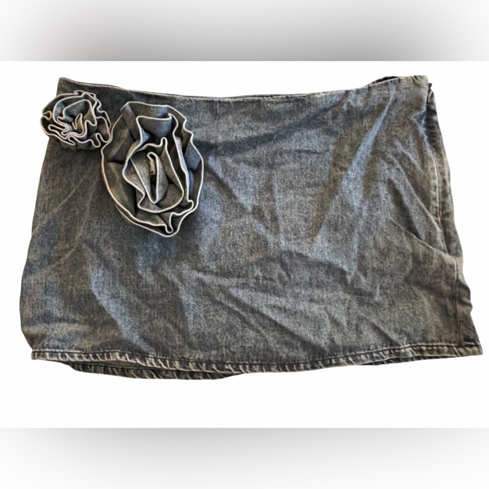 Future Collective Blue Denim Mini Skirt Denim Rosette Detail NWT
