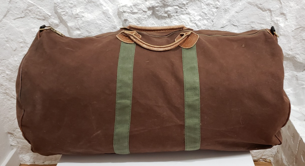 Vintage LL Bean Large Duffle Bag Brown Tote Canvas Leather Handles Bottom Strap