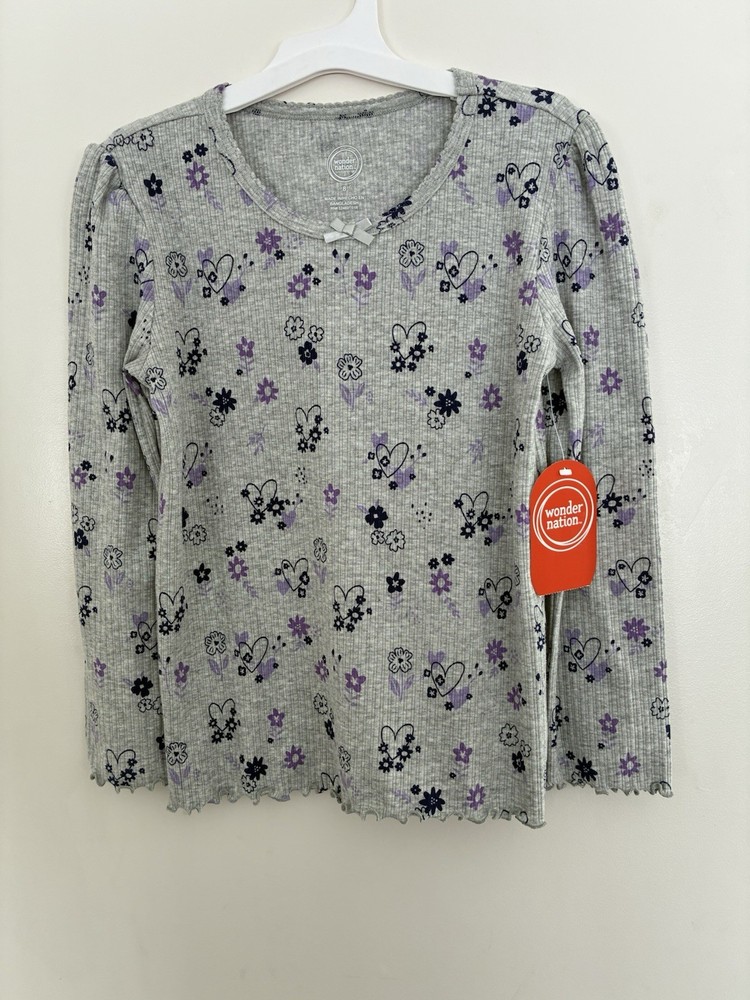 Wonder Nation Kids Girls Floral Ribbed Lettuce Edge Long Sleeve Shirt Lt Gray 8