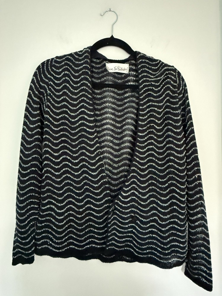 Diane Von Furstenberg Y2K Metallic Knit Cardigan Cropped Black Sz M