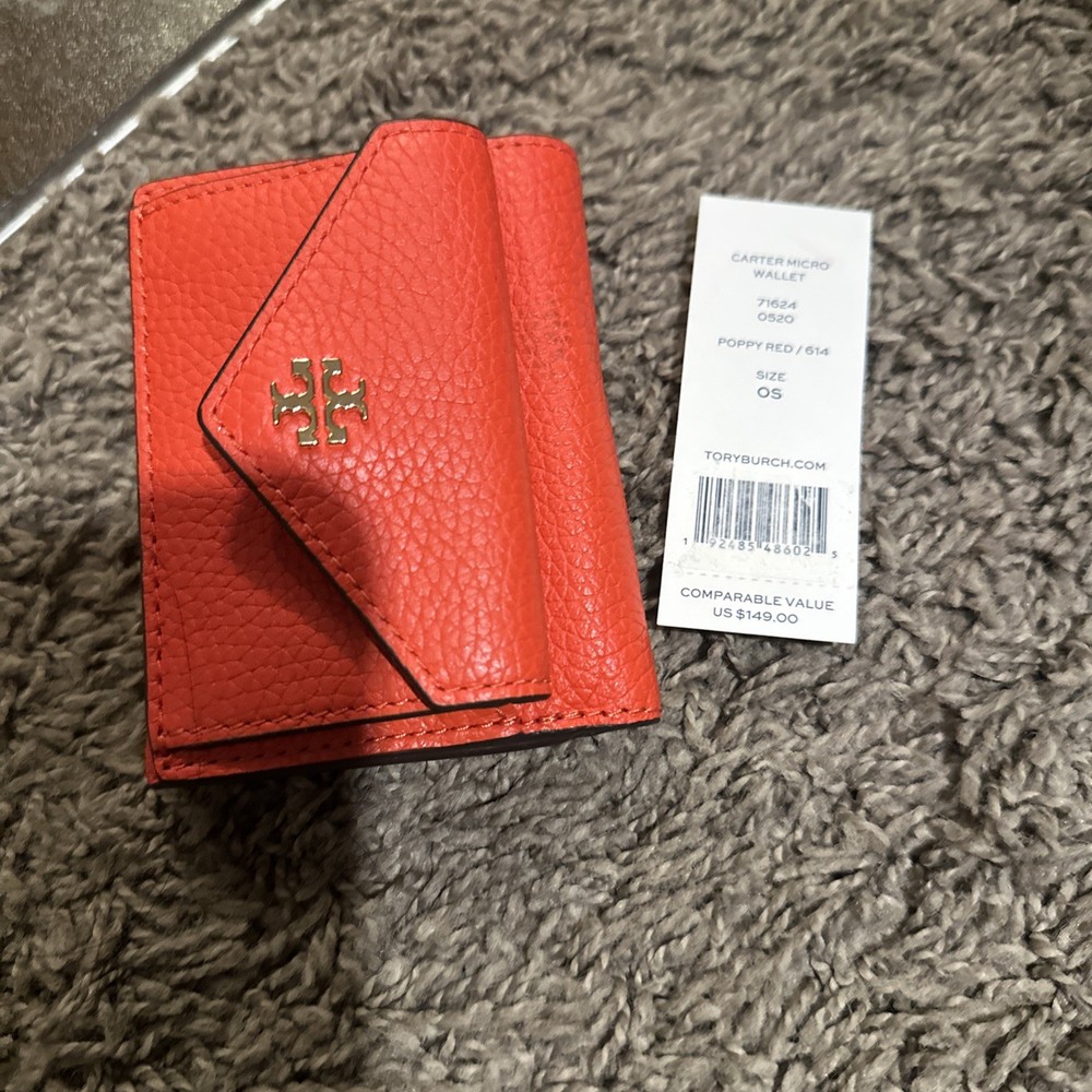 Tory Burch Women's Carter Micro Wallet Poppy Red Brand New With Tags