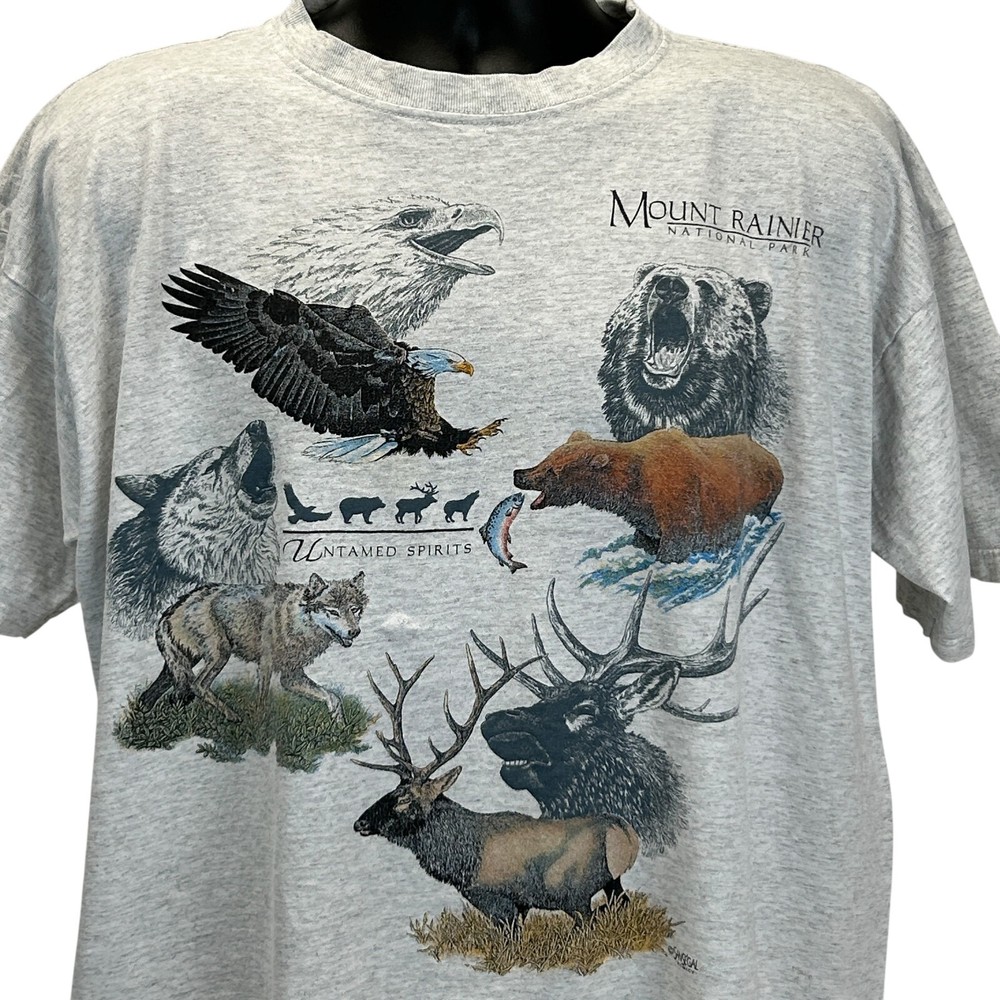 Vintage Mount Rainier National Park T Shirt Mens 2XL Washington Nature Tee Gray