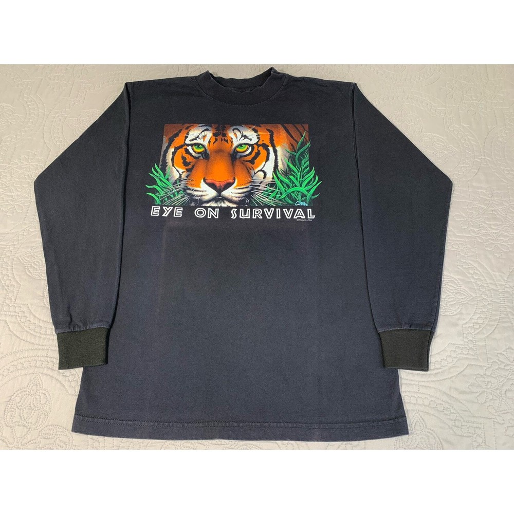 Vintage Tiger Shirt Eye on Survival HumaniTees Long Sleeve Alstyle Medium Black