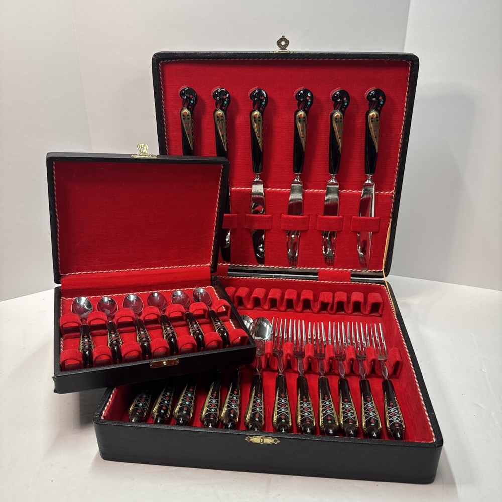 Stunning Vintage 18pc Dessert & 6pc Demitasse Utensil Sets, Rooster Handles Mint