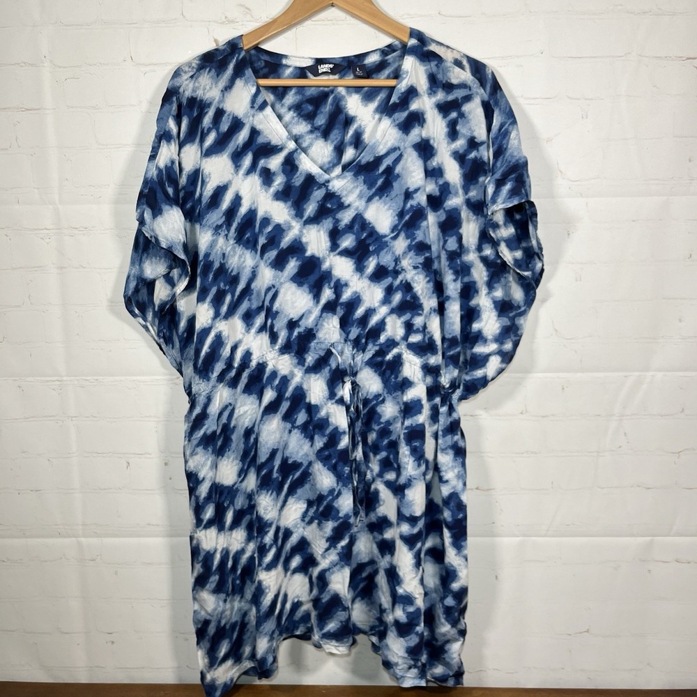 Lands' End Tie Dye Swim Cover Up Womens Large Blue Drawstring Waist Dress Tunic