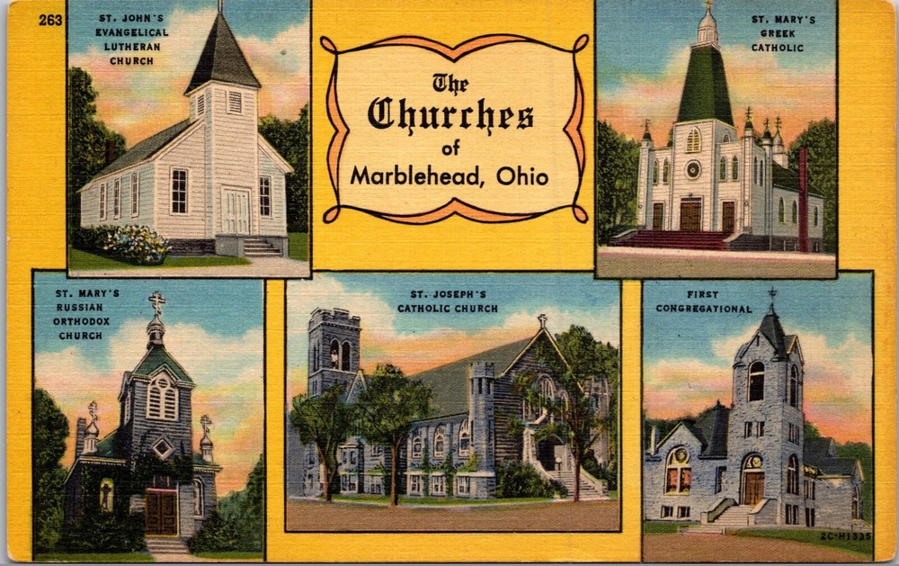 The Churches Of Marblehead Ohio Multi Panel Lutheran Catholic Postcard Linen 3R