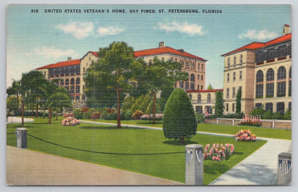 Bay Pines VA Home St. Petersburg FL Linen Postcard 1940s Veteran's Hospital