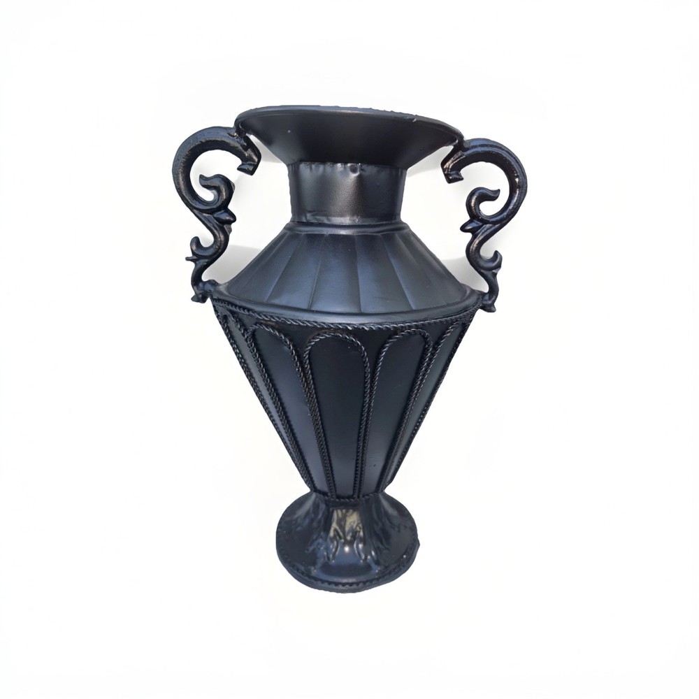 Tall Black Metal Panels Urn/Vase Two Decorative Handle Preowned #2