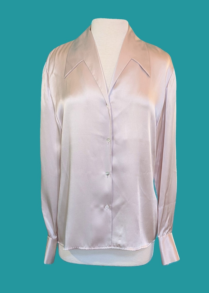 Vintage Neiman Marcus 100% Silk Blush Satin Blouse Pearl Button Size 14