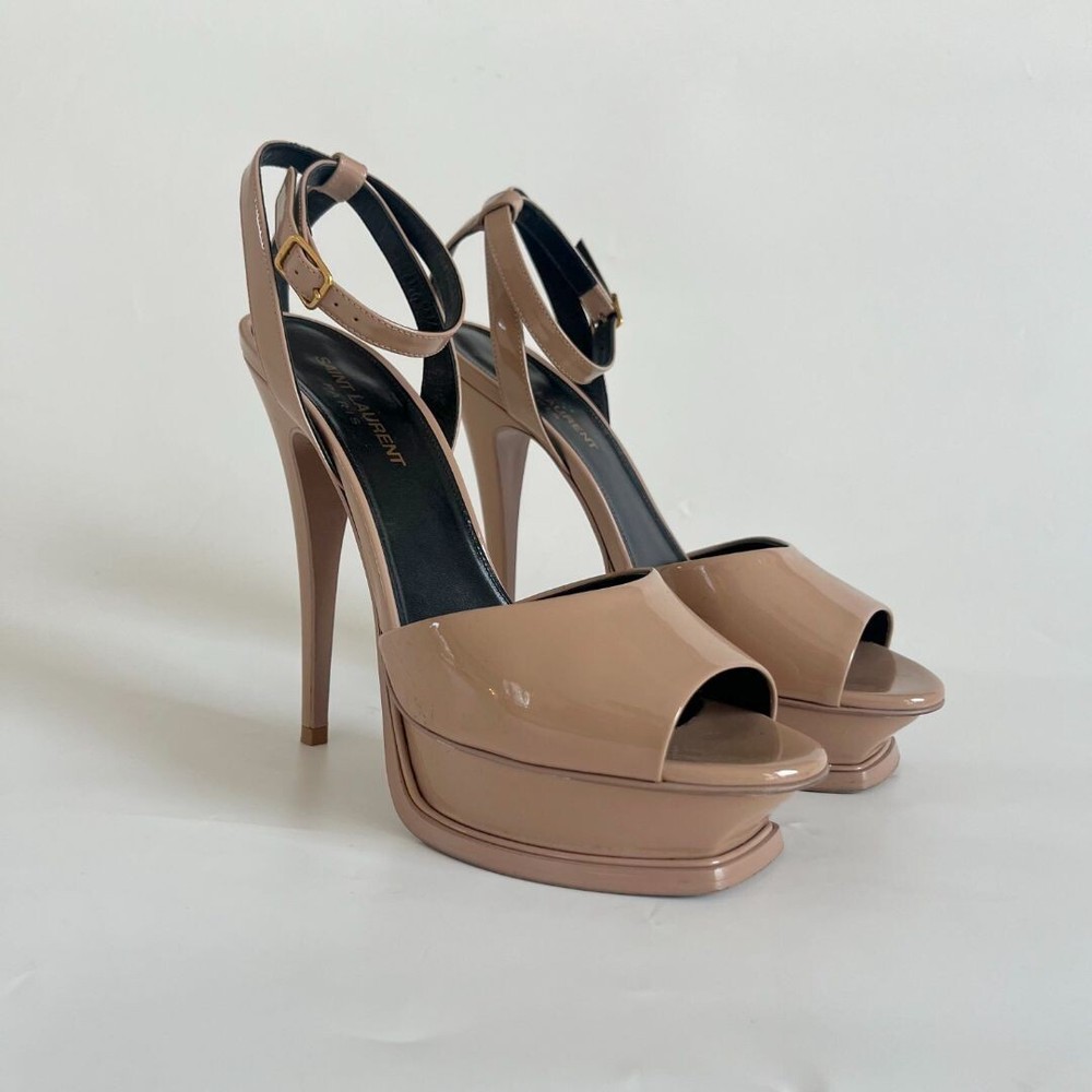 Saint Laurent 105mm nude patent peep toe platform sandals size 38