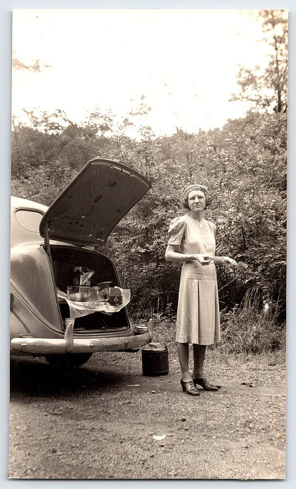 Picture Of A Woman In A Dress By A Car In The Smoky Mountains Vintage Photo