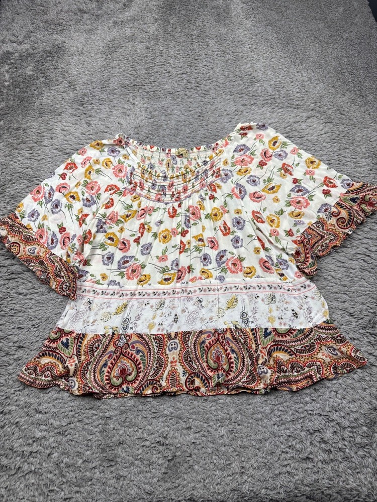Democracy Top Women 1X Floral Smocked Paisley Ruffle Boho Peasant Indian Blouse