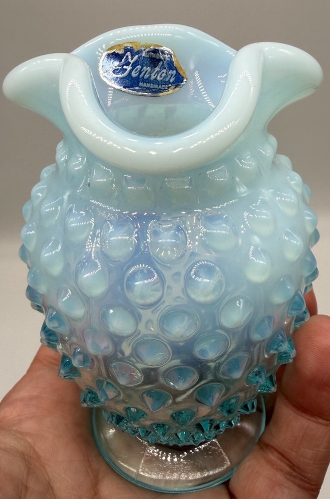 Vintage Fenton Blue Opalescent Ruffled Hobnail Vase - Small