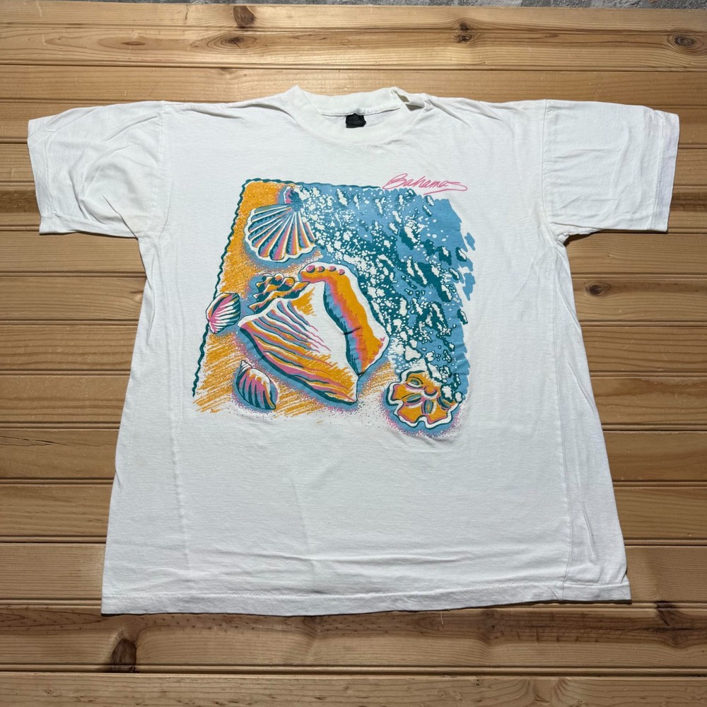 Vintage 90s Bahamas Sea Shells Ocean Beach Nature Tropical Graphic T-Shirt Large