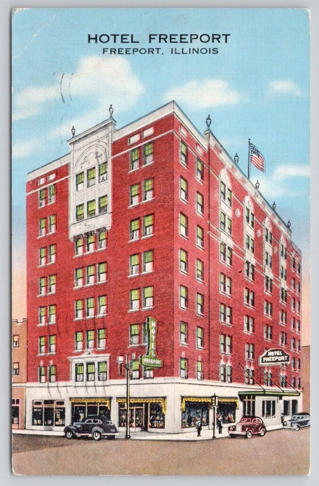 1939 Hotel Freeport Illinois Vintage Linen Postcard - E.C. Kropp Co.