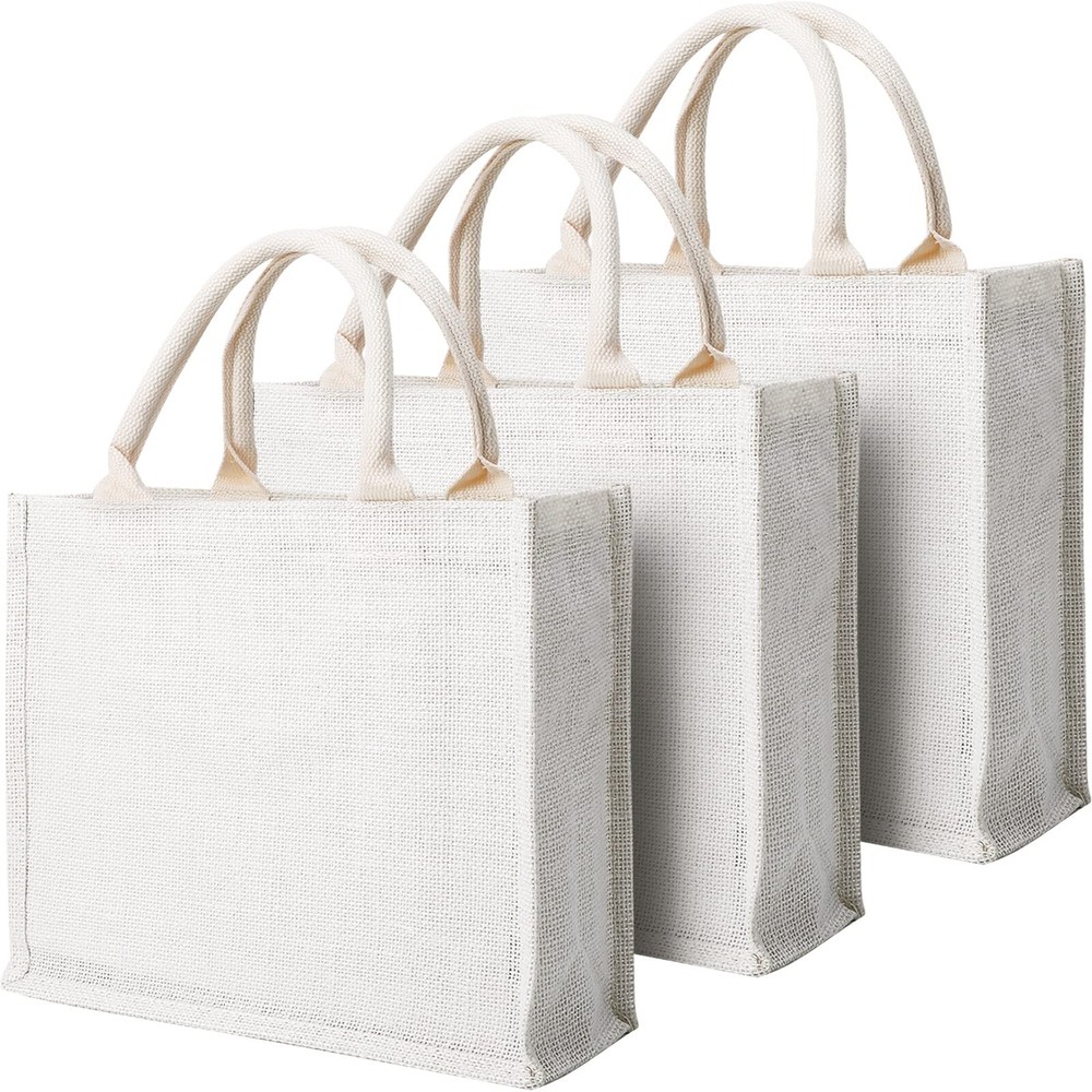 Tote Bags, 3 Pack Small White Burlap Jute Reusable Canvas Gift Favors Bag wit...