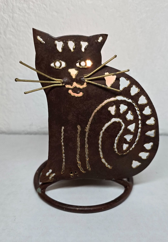 Cat Candle Holder Cut Tin Metal Folk Art Votive Stand Plant Holder Rustic